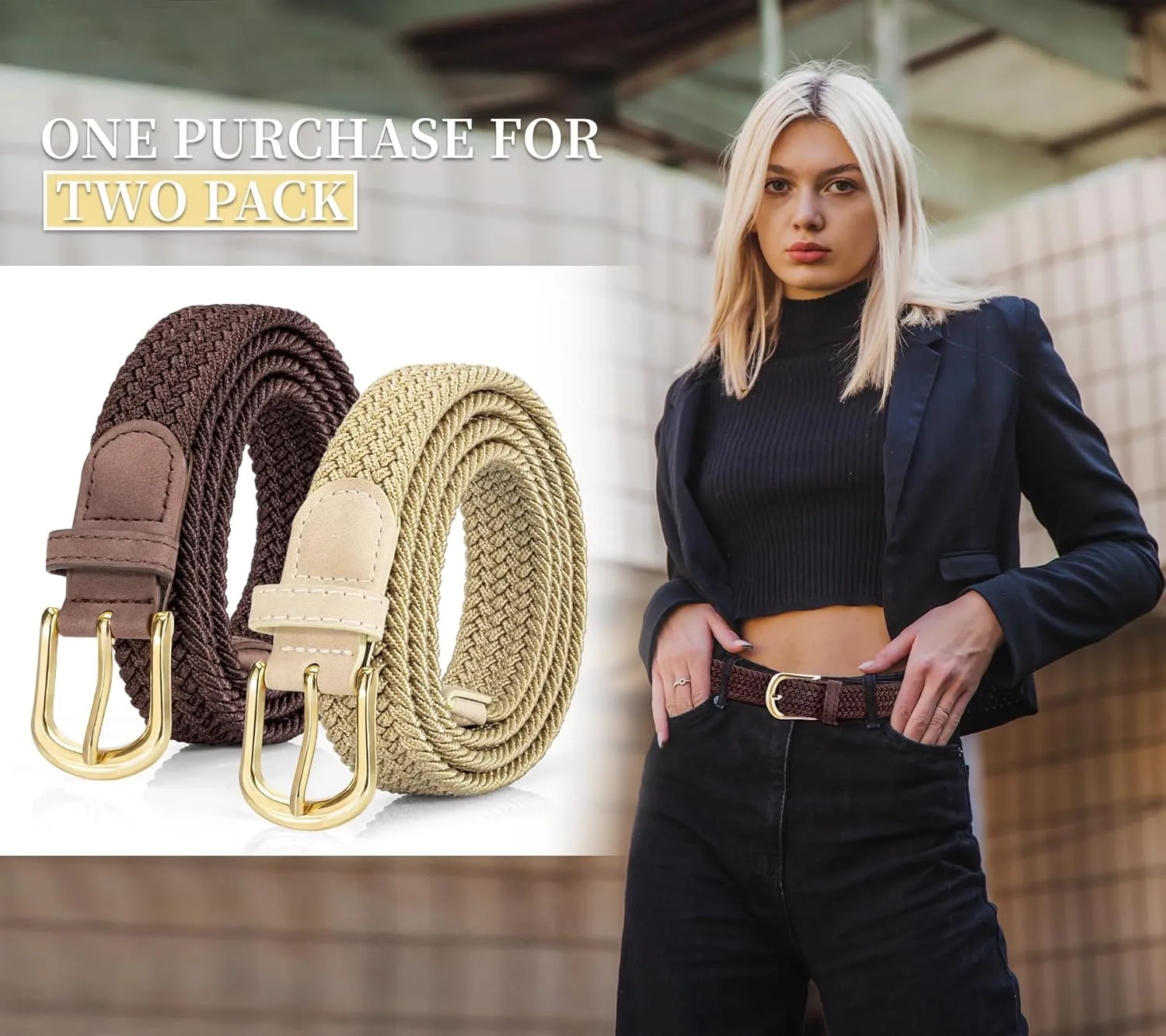 2 Pack Braided Belt for Women, Elastic Woven Stretch Fabric Cloth Belt with Gold Buckle