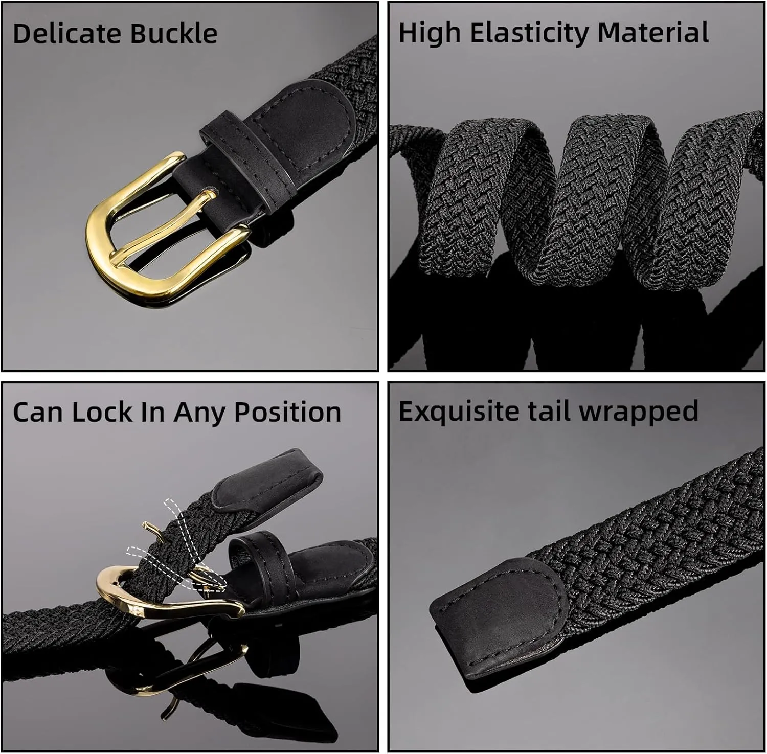 2 Pack Braided Belt for Women, Elastic Woven Stretch Fabric Cloth Belt with Gold Buckle