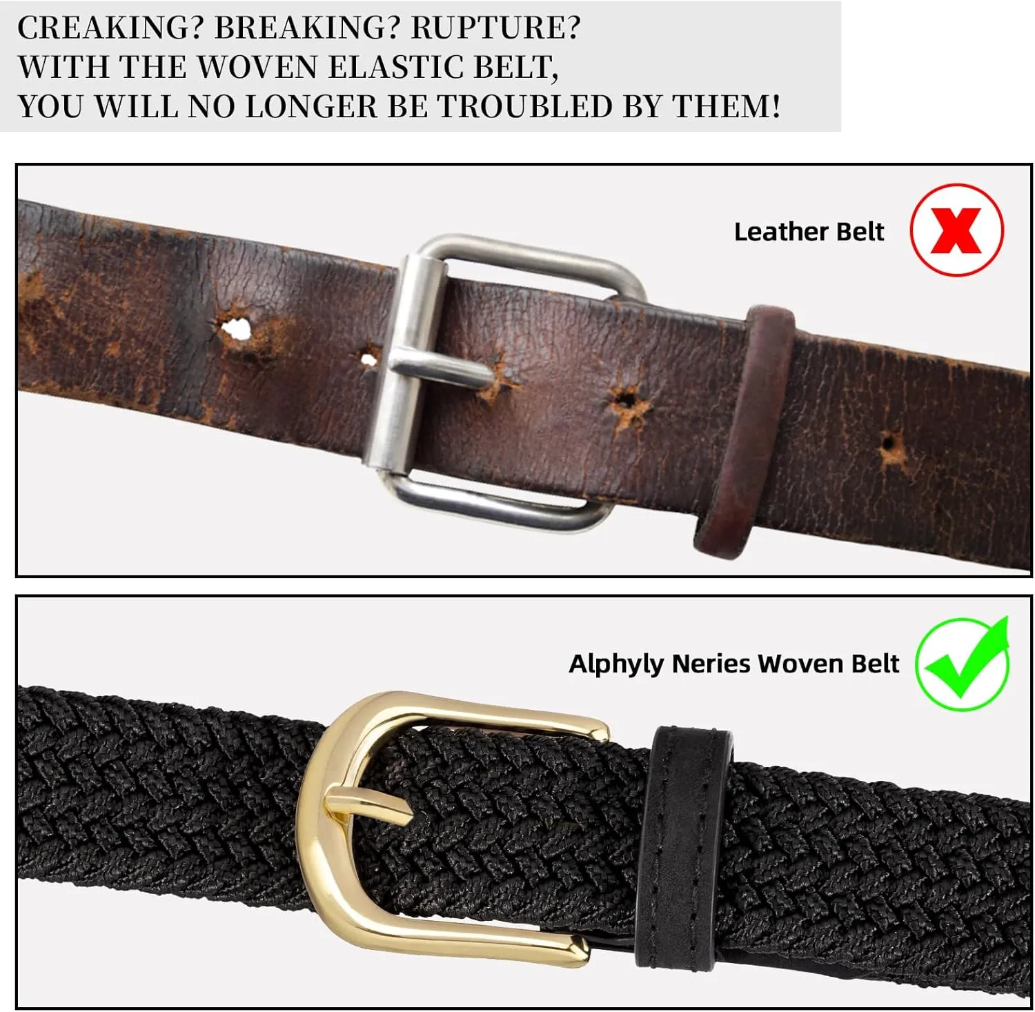 2 Pack Braided Belt for Women, Elastic Woven Stretch Fabric Cloth Belt with Gold Buckle