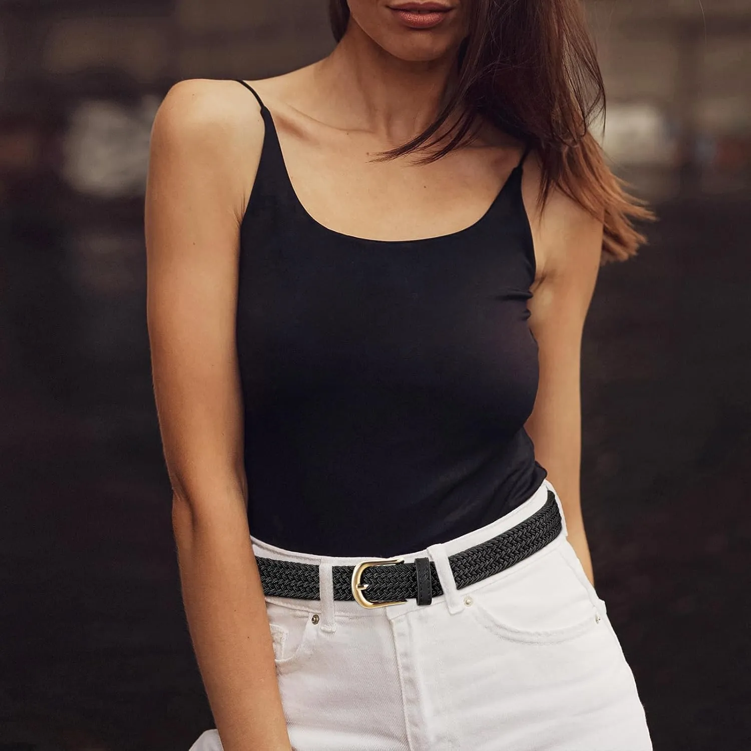 2 Pack Braided Belt for Women, Elastic Woven Stretch Fabric Cloth Belt with Gold Buckle