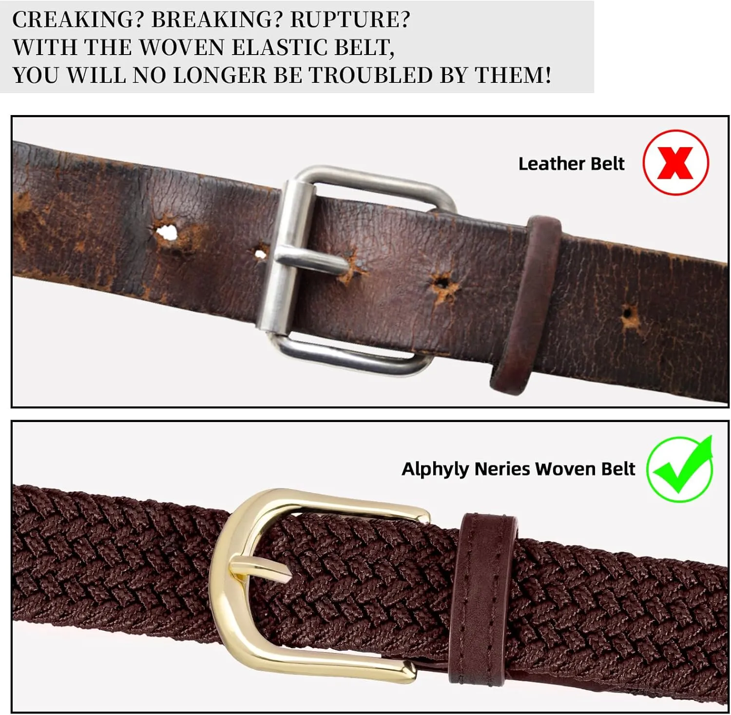 2 Pack Braided Belt for Women, Elastic Woven Stretch Fabric Cloth Belt with Gold Buckle