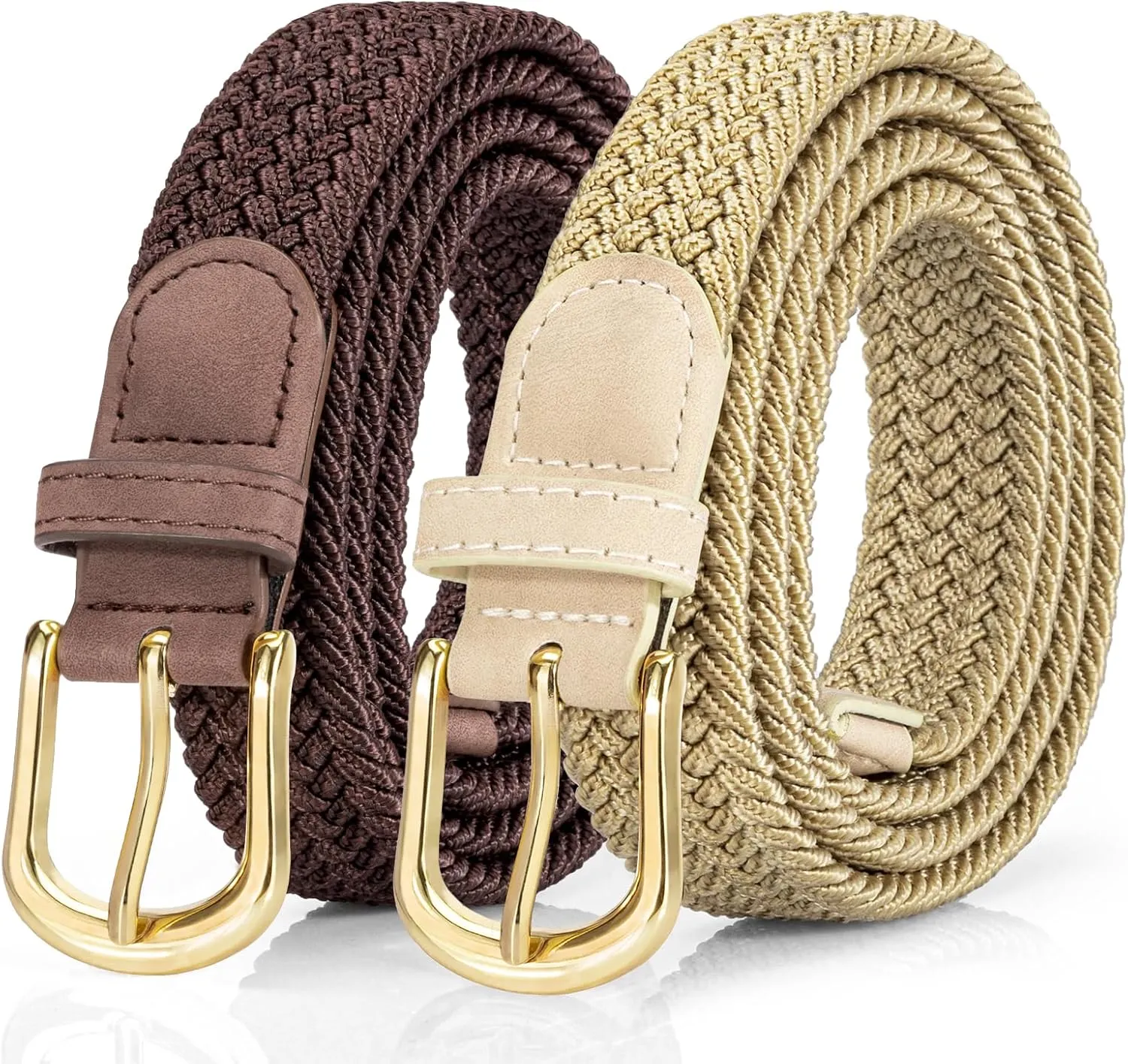 2 Pack Braided Belt for Women, Elastic Woven Stretch Fabric Cloth Belt with Gold Buckle