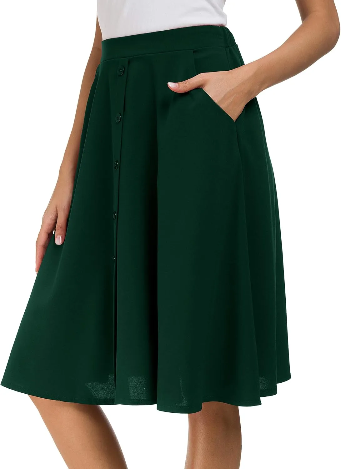Afibi Womens High Waisted A Line Pleated Midi Skirt Button Front Skirts with Pocket