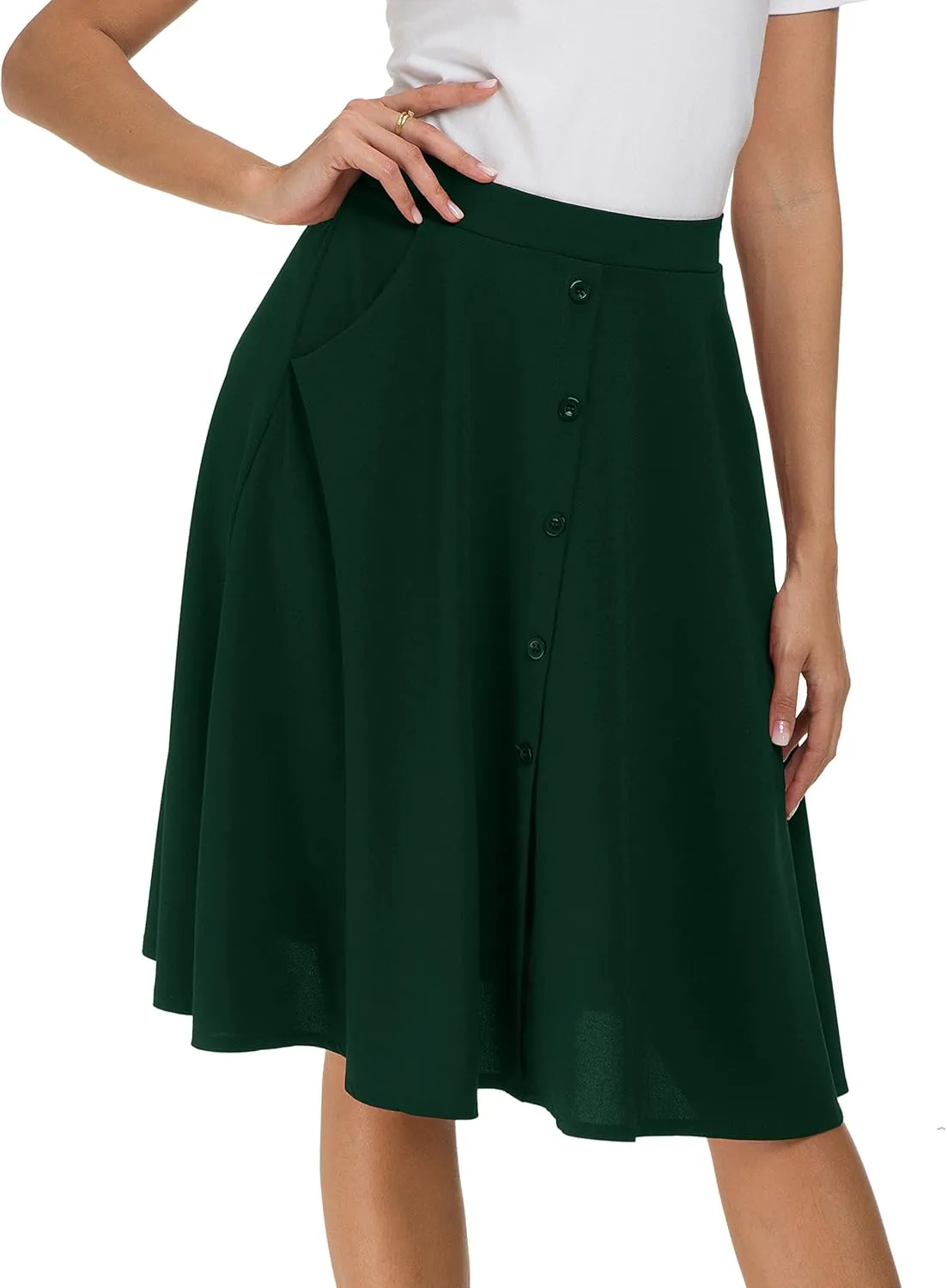 Afibi Womens High Waisted A Line Pleated Midi Skirt Button Front Skirts with Pocket
