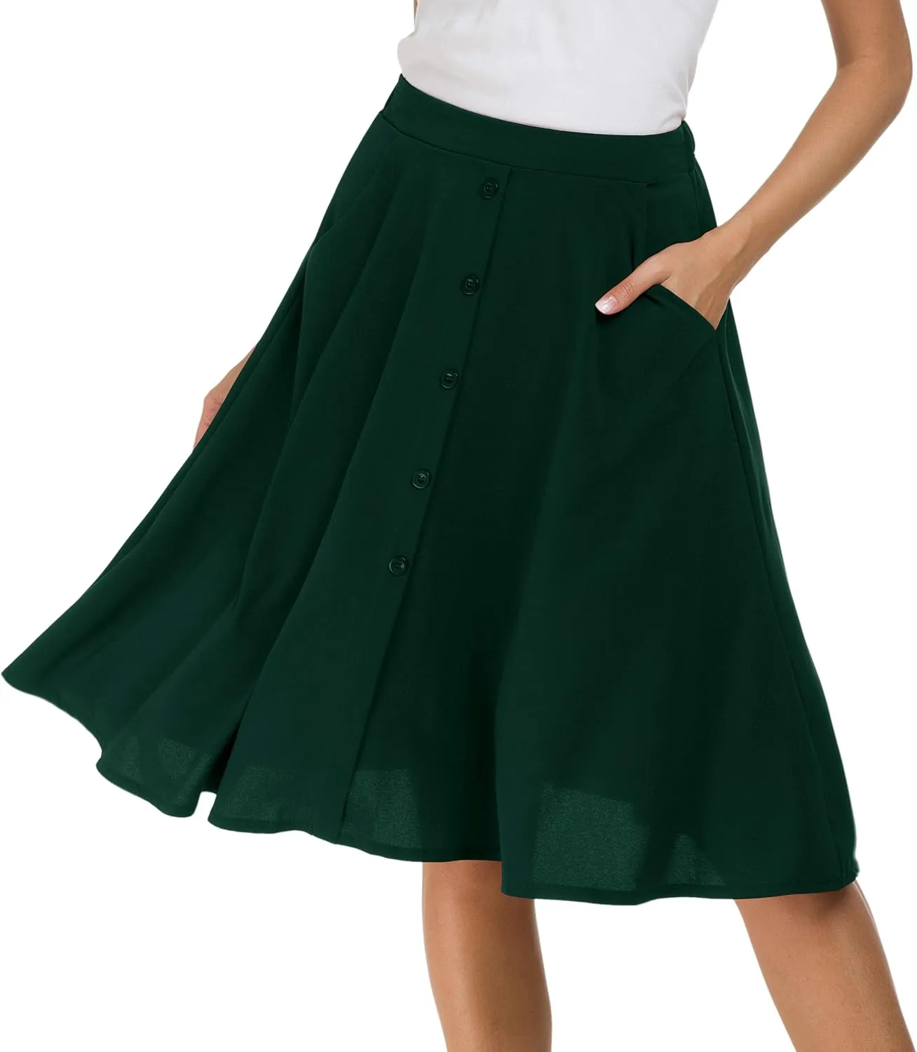 Afibi Womens High Waisted A Line Pleated Midi Skirt Button Front Skirts with Pocket