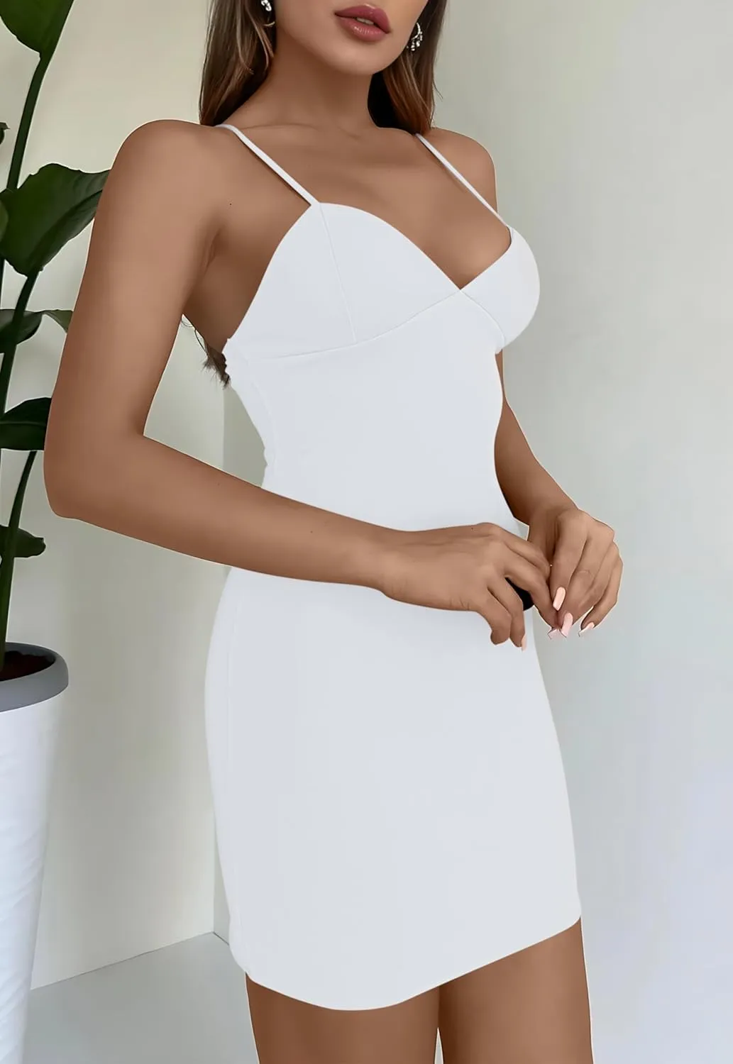 AISEW Womens Sexy V Neck Spaghetti Strap Bodycon Mini Dress Party Slip Short Dresses Beach Sundress with Built-in Bra