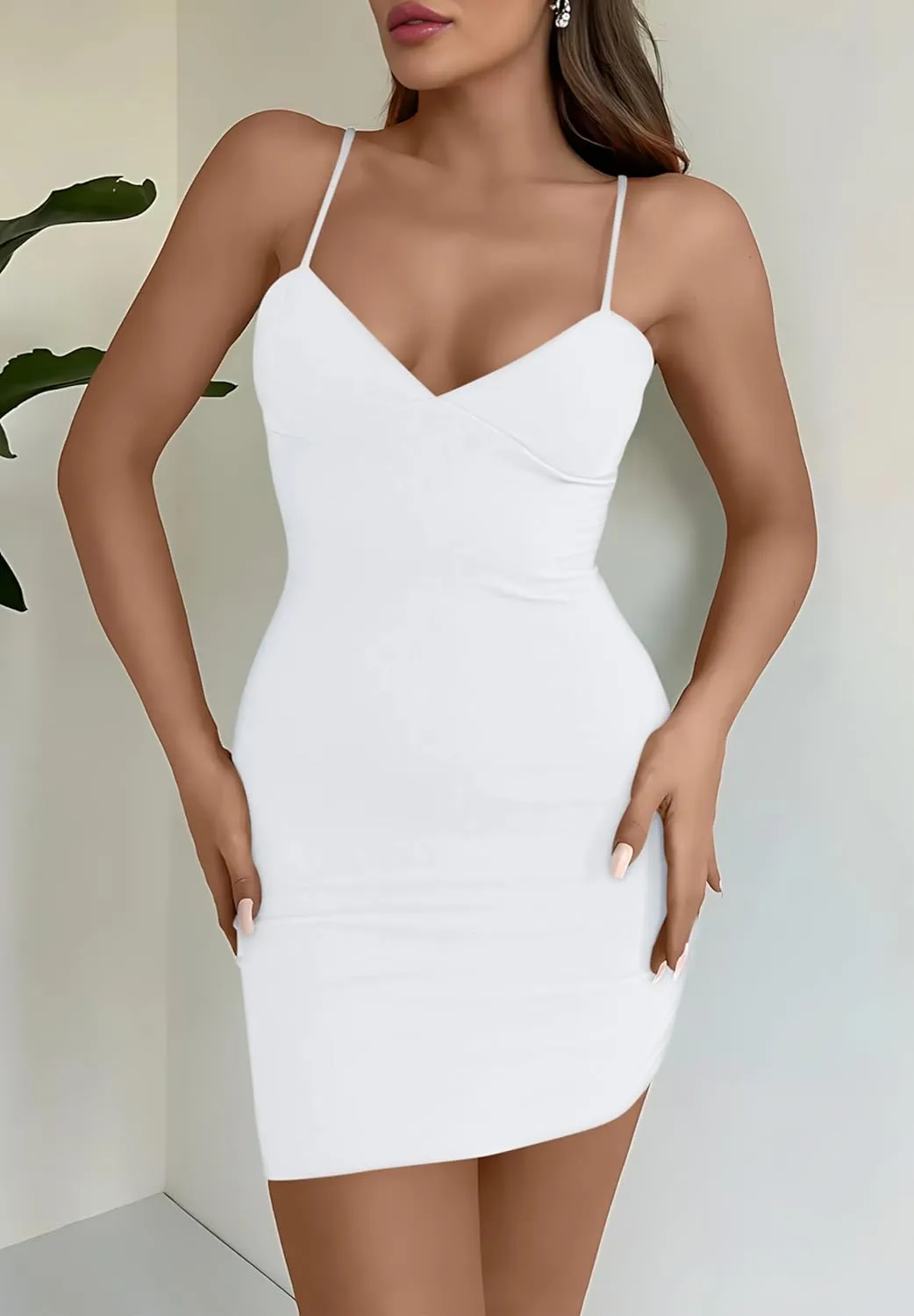 AISEW Womens Sexy V Neck Spaghetti Strap Bodycon Mini Dress Party Slip Short Dresses Beach Sundress with Built-in Bra