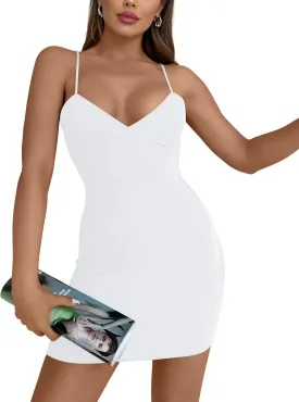AISEW Womens Sexy V Neck Spaghetti Strap Bodycon Mini Dress Party Slip Short Dresses Beach Sundress with Built-in Bra
