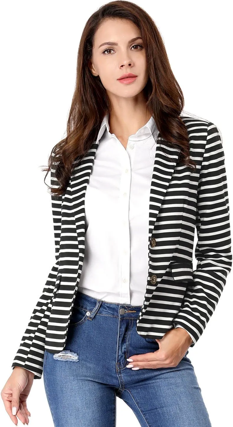 Allegra K Women's Notched Lapel Pocket Button Closure Striped Blazer