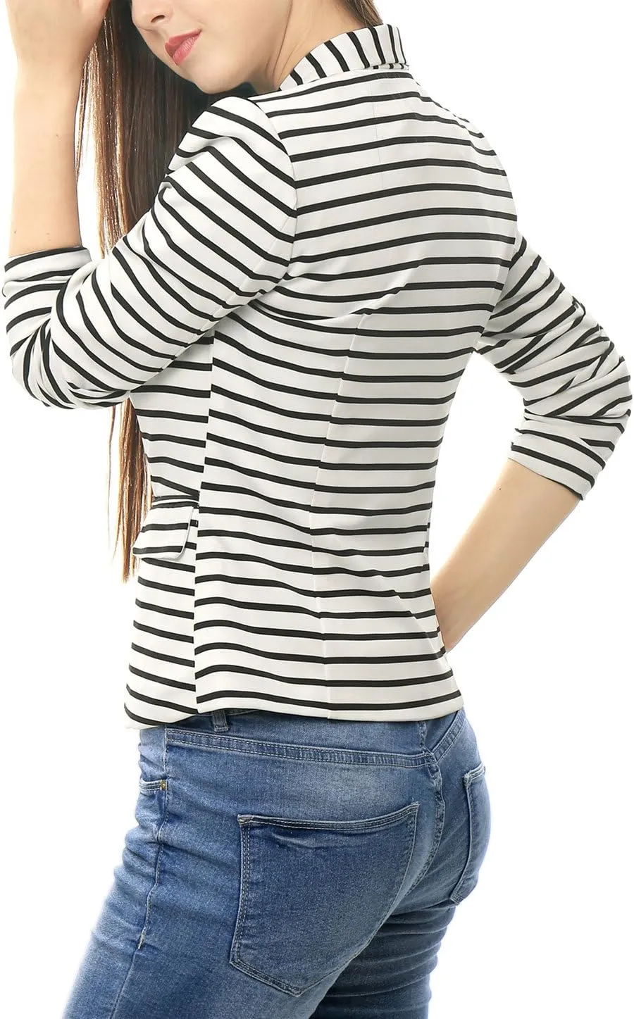 Allegra K Women's Notched Lapel Pocket Button Closure Striped Blazer