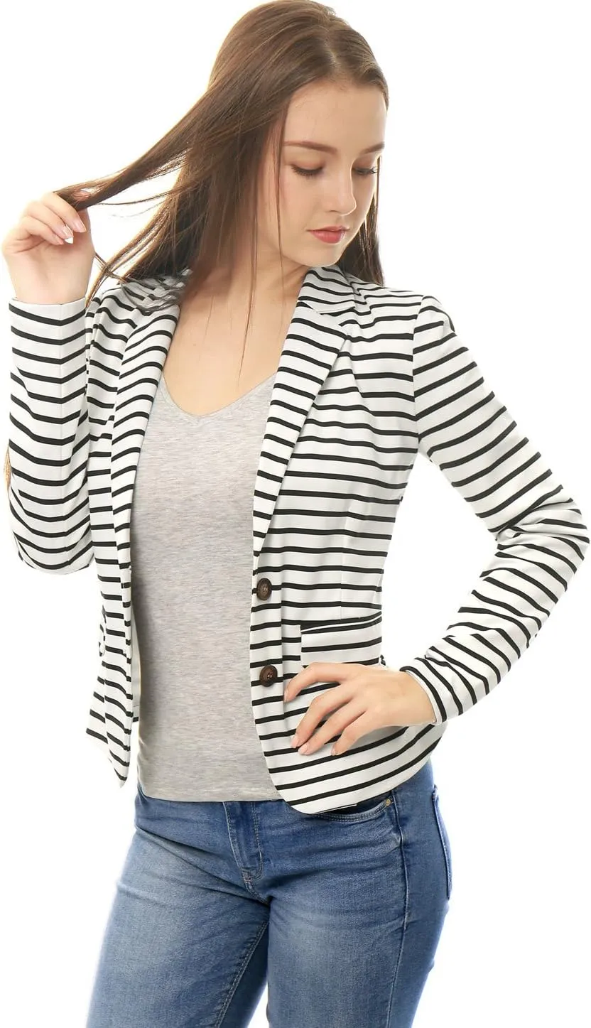 Allegra K Women's Notched Lapel Pocket Button Closure Striped Blazer