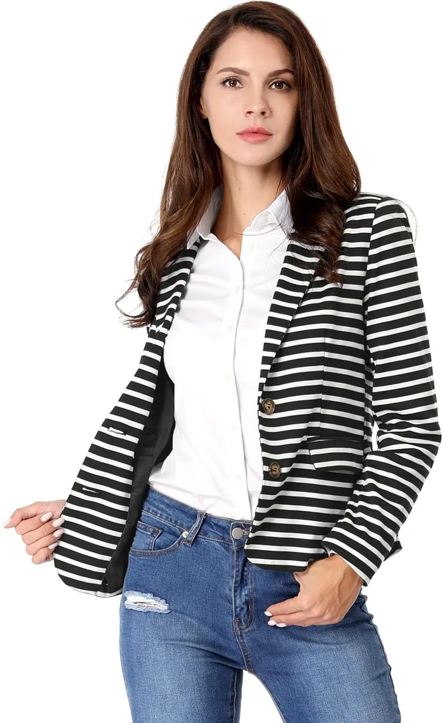Allegra K Women's Notched Lapel Pocket Button Closure Striped Blazer