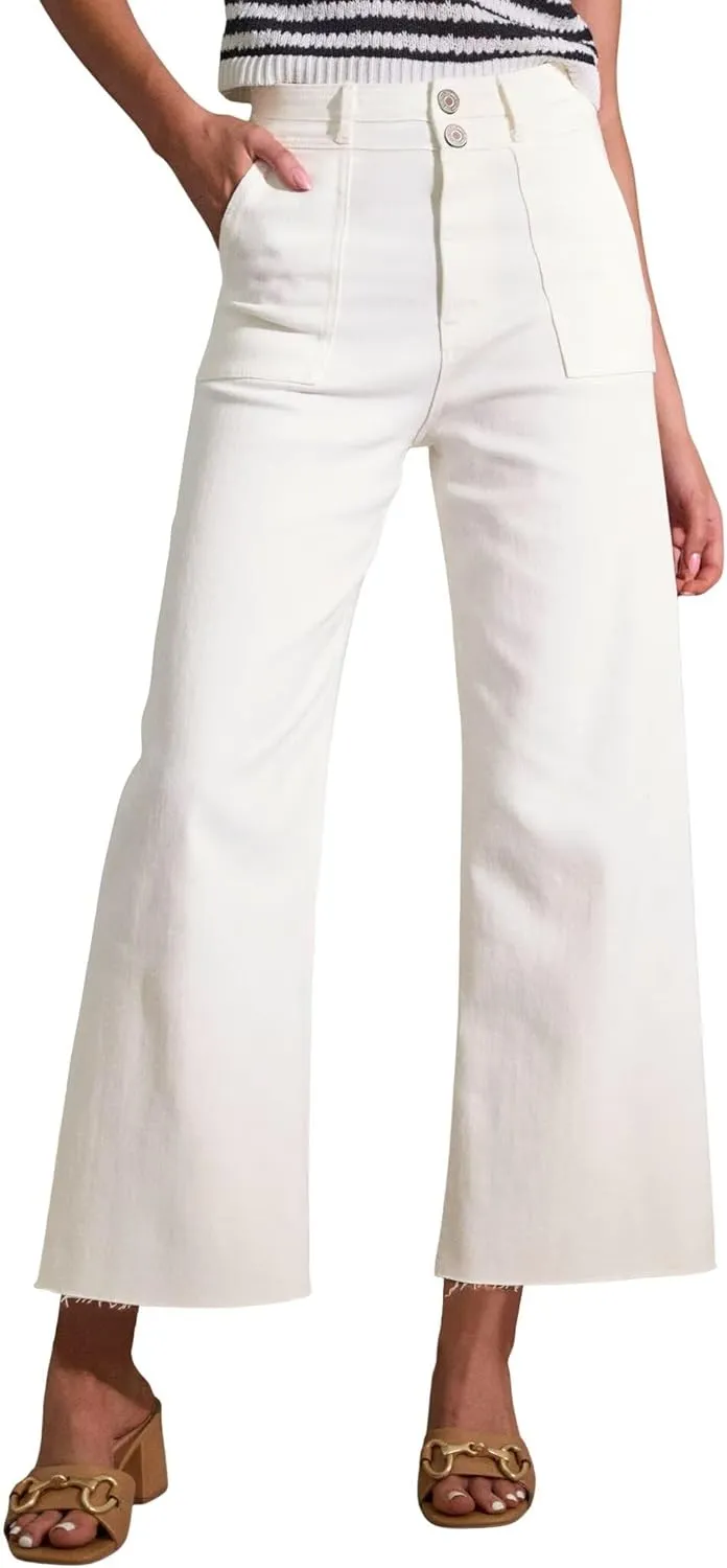 Allimy Womens High Rise Two Button Closure Cropped Jeans Wide Leg Front Slip Pockets Frayed Hem Denim Pant