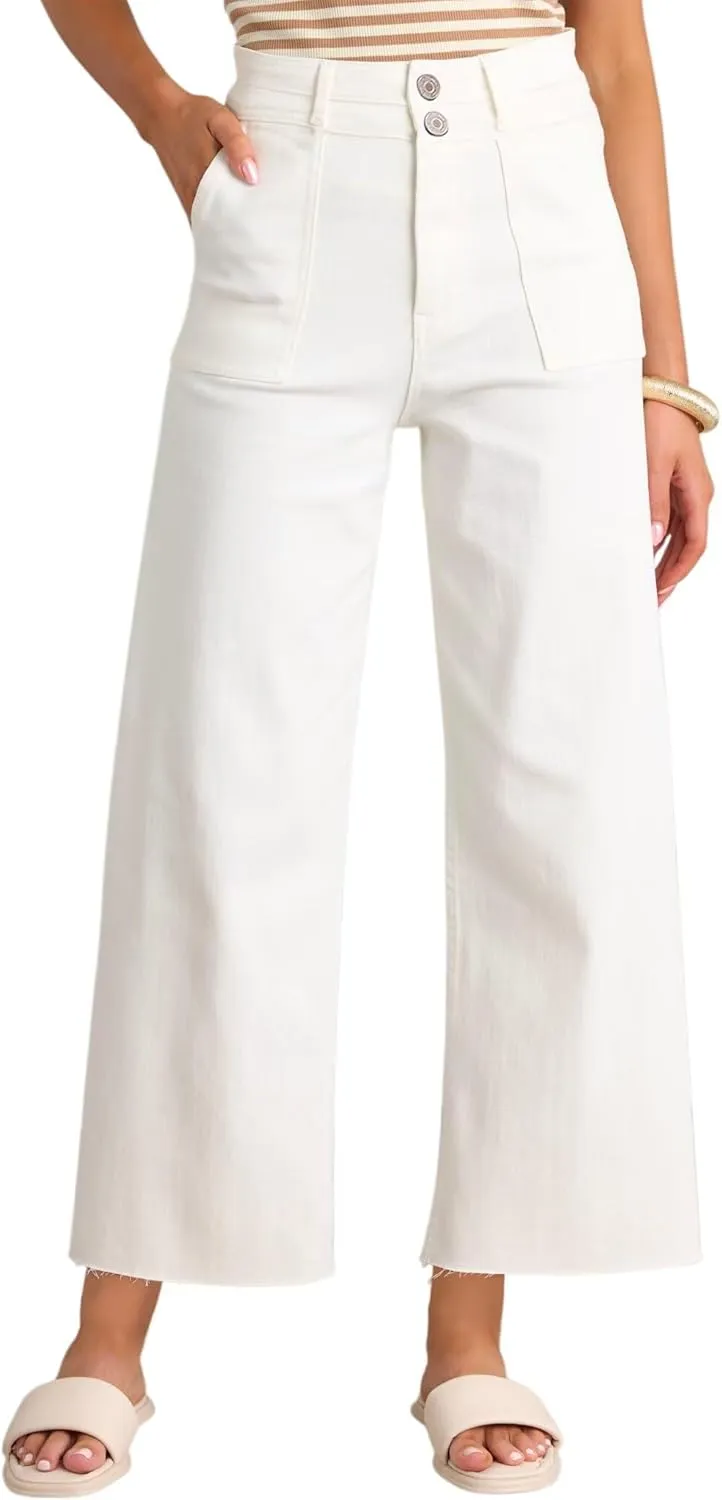 Allimy Womens High Rise Two Button Closure Cropped Jeans Wide Leg Front Slip Pockets Frayed Hem Denim Pant