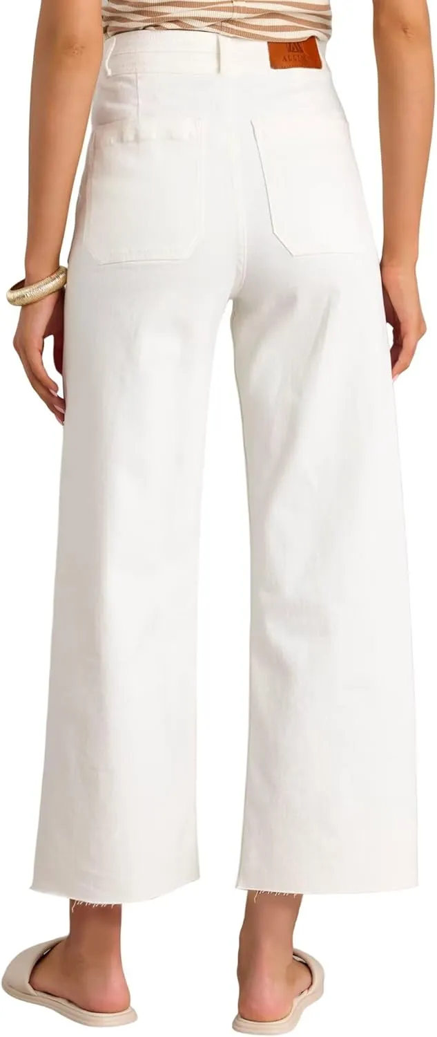 Allimy Womens High Rise Two Button Closure Cropped Jeans Wide Leg Front Slip Pockets Frayed Hem Denim Pant