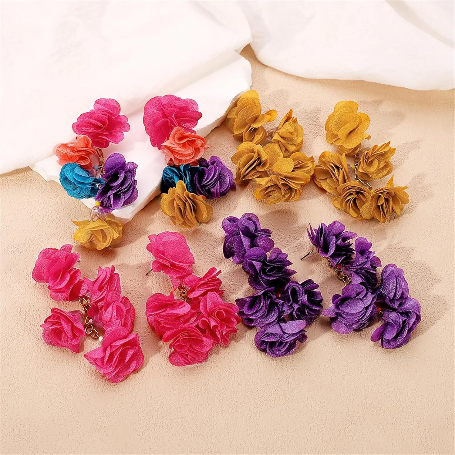 Bohemia Fashion Fabric Rose Flower Tassel Earring for Women,Colorful Floral Statement Dangle Earrings Fashion Exaggerated Earrings Y2K Aesthetics Summer Beach Earring