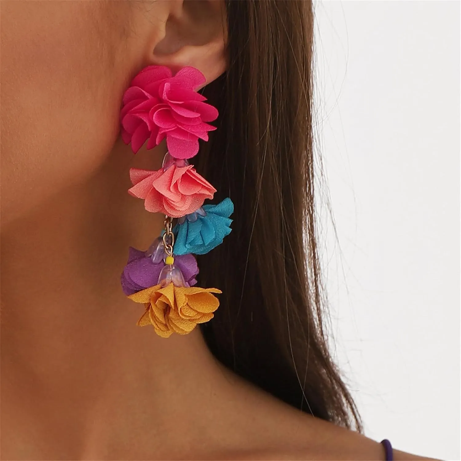 Bohemia Fashion Fabric Rose Flower Tassel Earring for Women,Colorful Floral Statement Dangle Earrings Fashion Exaggerated Earrings Y2K Aesthetics Summer Beach Earring