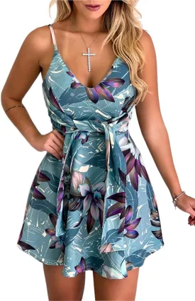 CASURESS Womens Dresses V Neck Mini Floral Spaghetti Strap Tie Knot Front Flowy Pleated Swing Dress