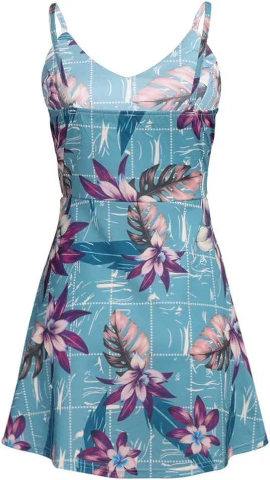 CASURESS Womens Dresses V Neck Mini Floral Spaghetti Strap Tie Knot Front Flowy Pleated Swing Dress