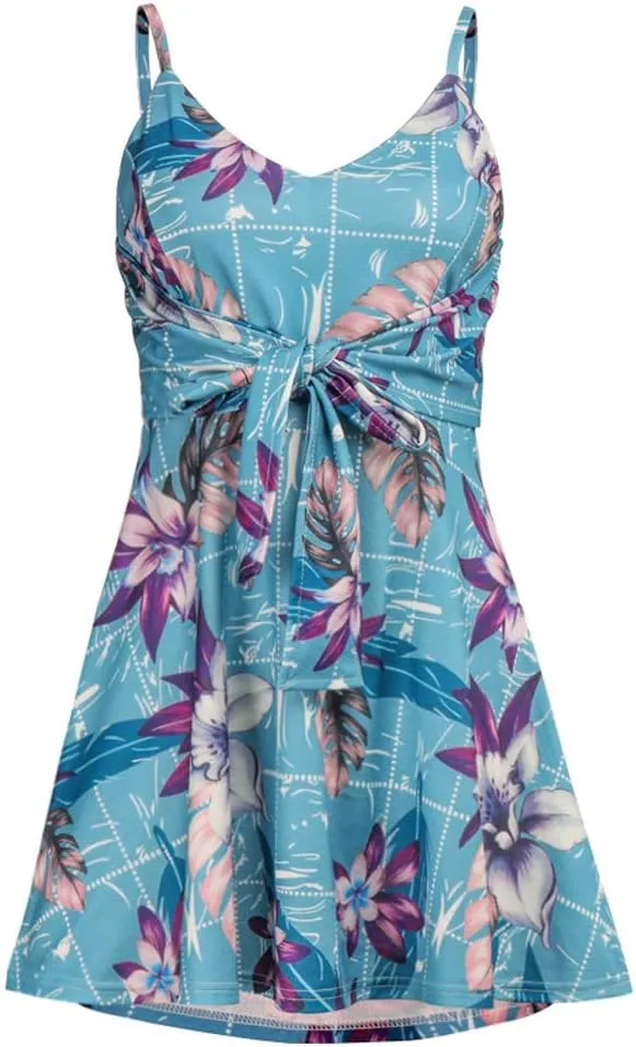 CASURESS Womens Dresses V Neck Mini Floral Spaghetti Strap Tie Knot Front Flowy Pleated Swing Dress