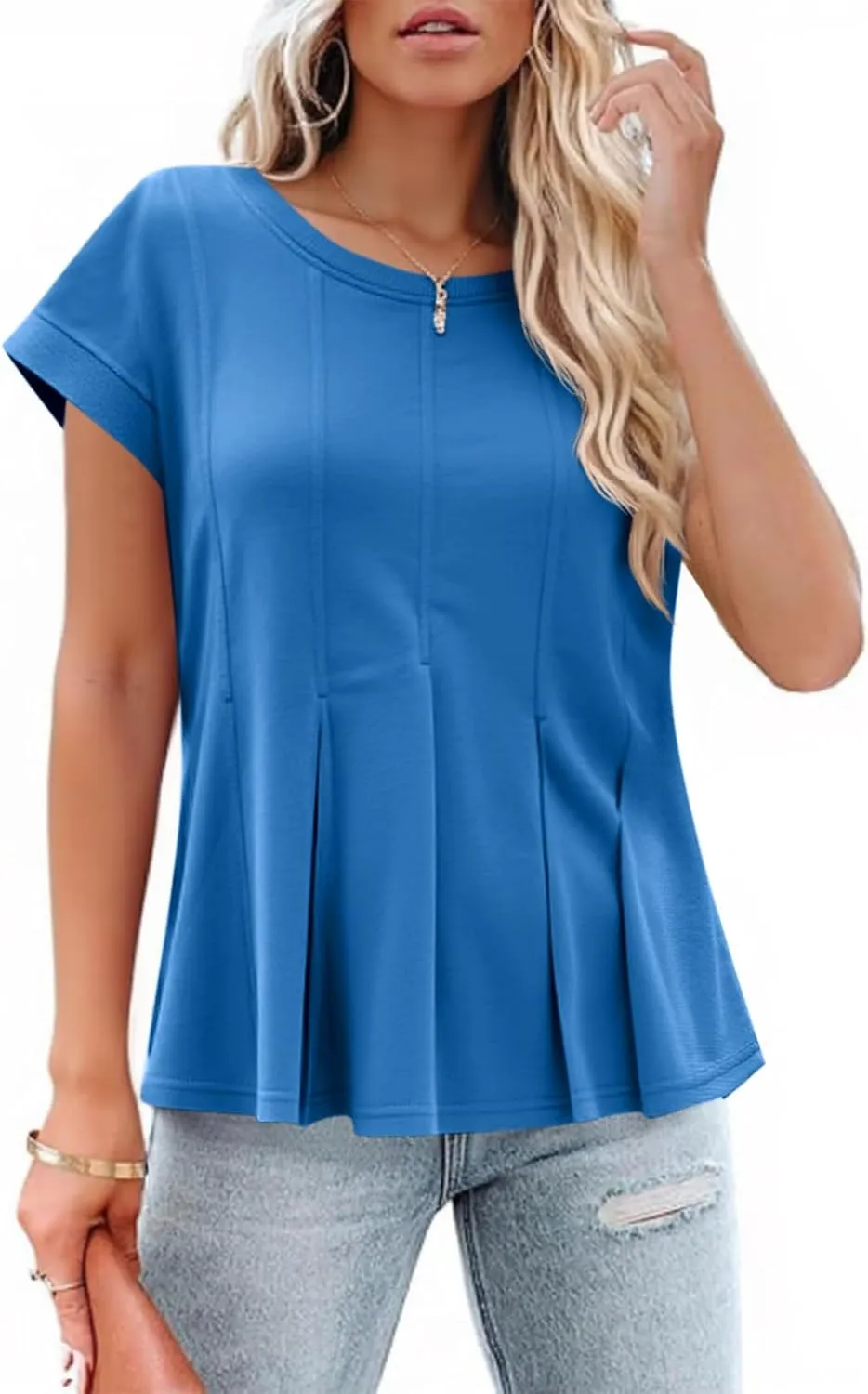 Cicy Bell Womens Summer Peplum Blouse Casual Dressy Cap Sleeve Pleated Tops Ribbed Knit Crew Neck Shirts
