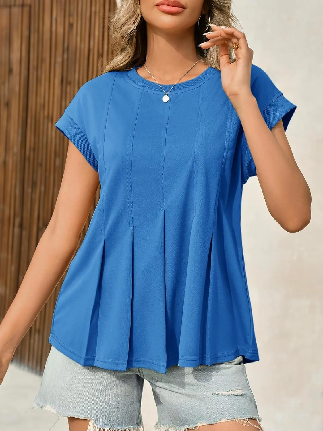 Cicy Bell Womens Summer Peplum Blouse Casual Dressy Cap Sleeve Pleated Tops Ribbed Knit Crew Neck Shirts