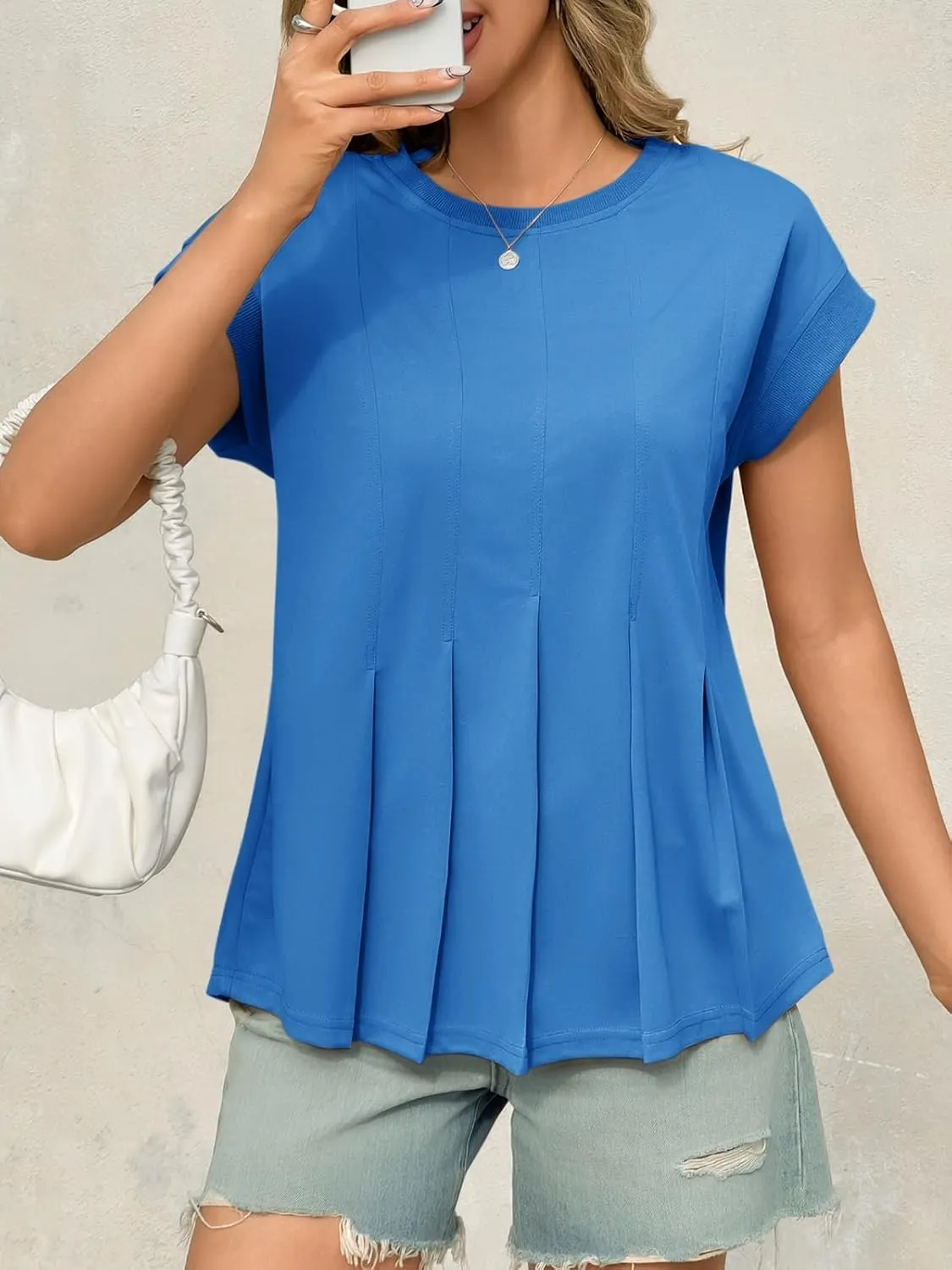 Cicy Bell Womens Summer Peplum Blouse Casual Dressy Cap Sleeve Pleated Tops Ribbed Knit Crew Neck Shirts