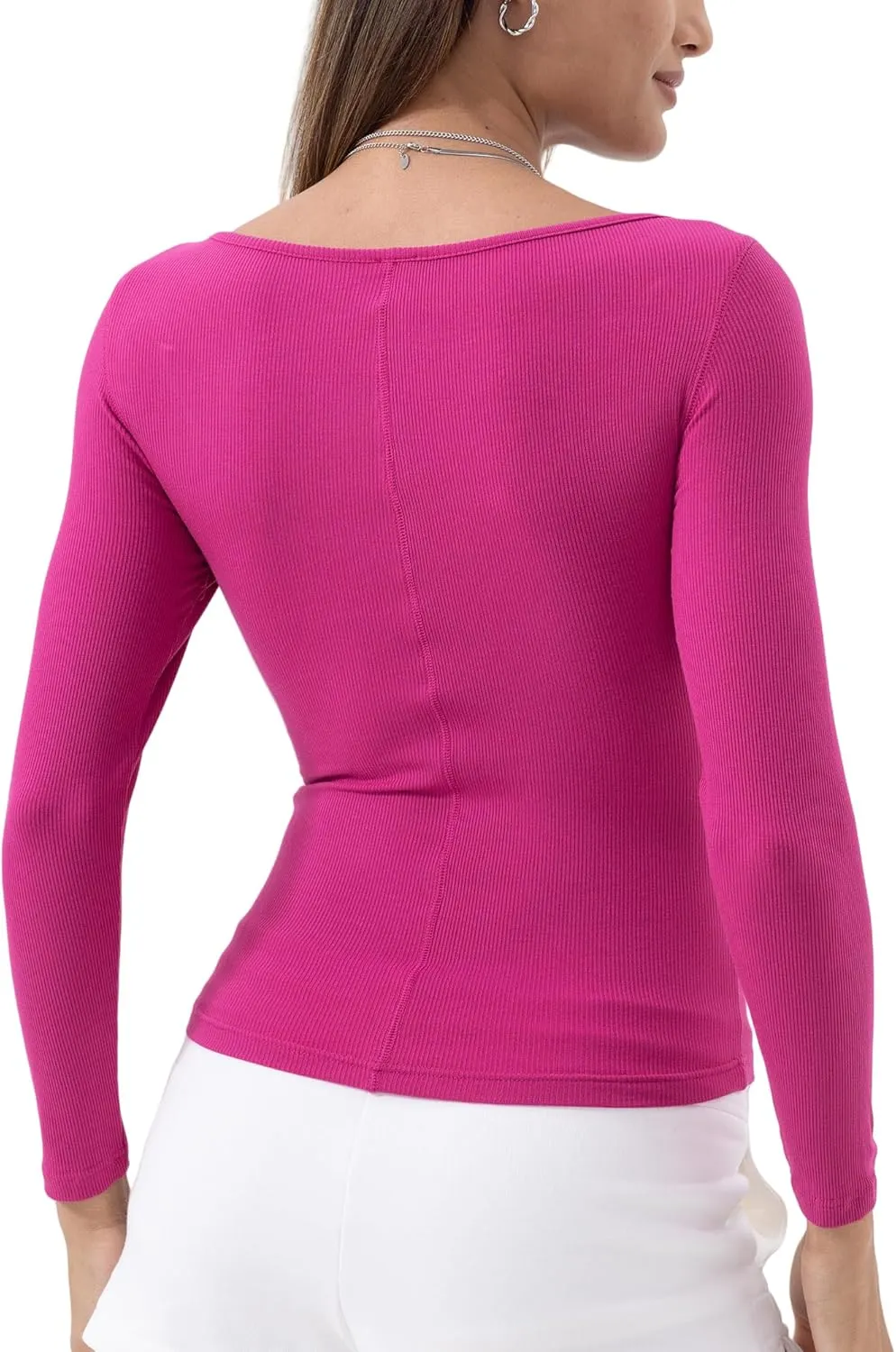 Danysu Women's Ribbed Long Sleeve Going Out Top Twist Front Sweetheart V Neckline Shirts Built-in Bra Slim Fit Tops Tee