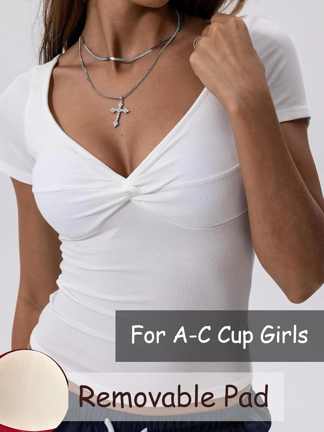 Danysu Women's Ribbed Short Sleeve Going Out Top Twist Front Sweetheart V Neckline Shirts Built-in Bra Slim Fit Tops Tee