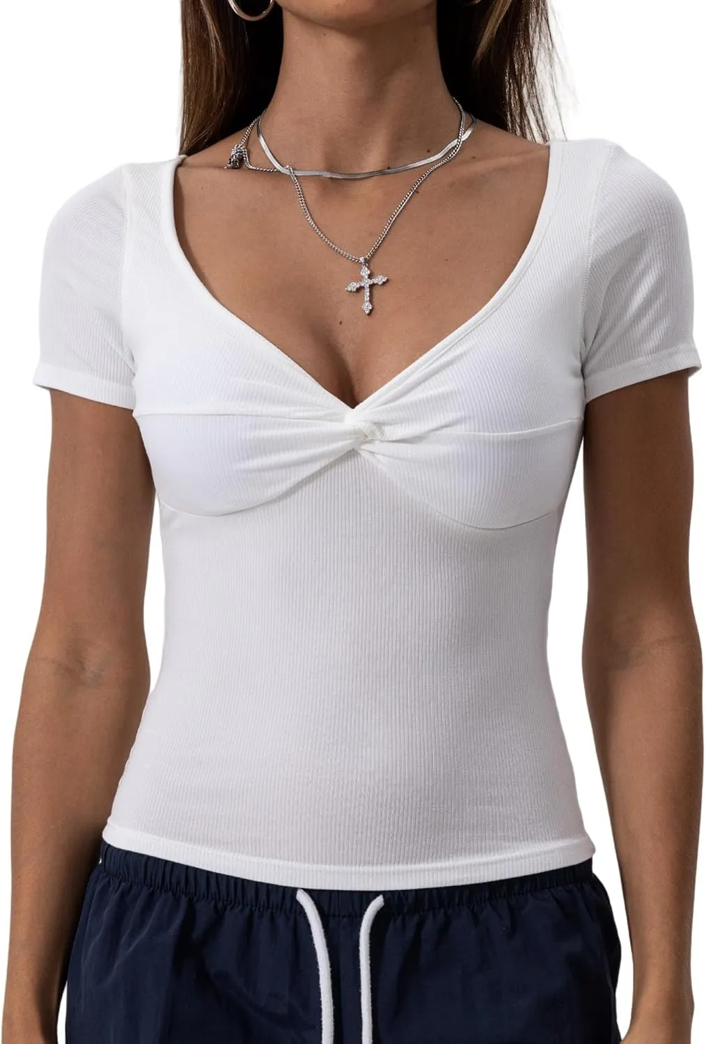 Danysu Women's Ribbed Short Sleeve Going Out Top Twist Front Sweetheart V Neckline Shirts Built-in Bra Slim Fit Tops Tee