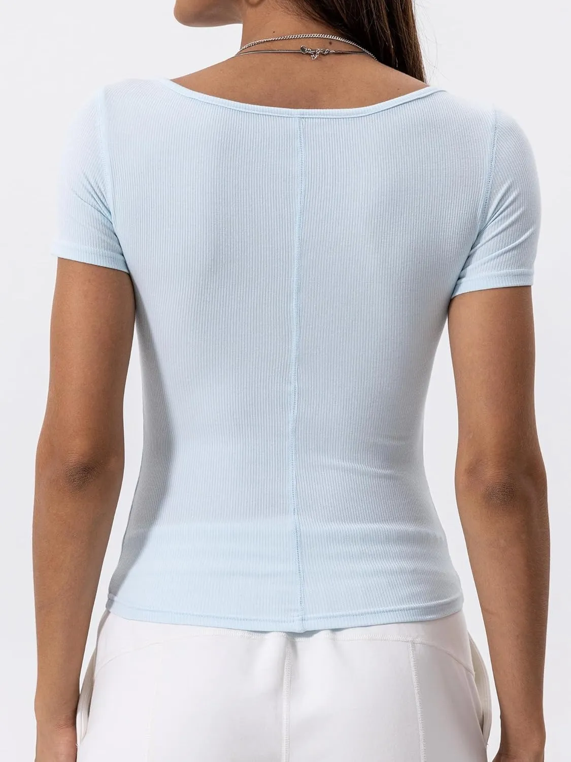 Danysu Women's Ribbed Short Sleeve Going Out Top Twist Front Sweetheart V Neckline Shirts Built-in Bra Slim Fit Tops Tee
