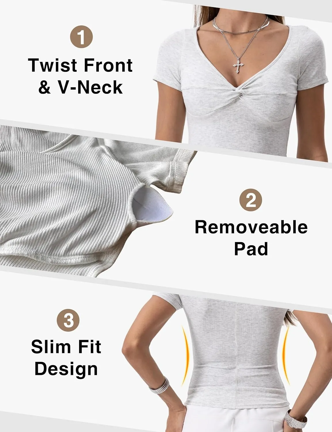 Danysu Women's Ribbed Short Sleeve Going Out Top Twist Front Sweetheart V Neckline Shirts Built-in Bra Slim Fit Tops Tee