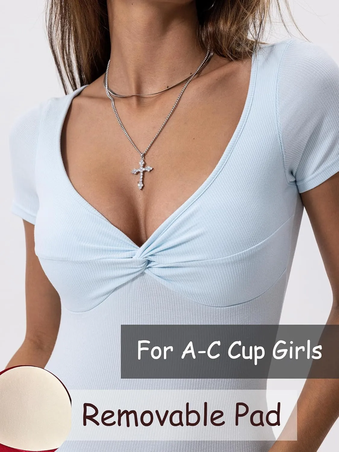 Danysu Women's Ribbed Short Sleeve Going Out Top Twist Front Sweetheart V Neckline Shirts Built-in Bra Slim Fit Tops Tee