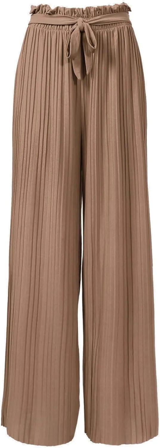 Design by Olivia Women's Ribbon Tie Chiffon Loose Pleated Wide Leg Palazzo Pants