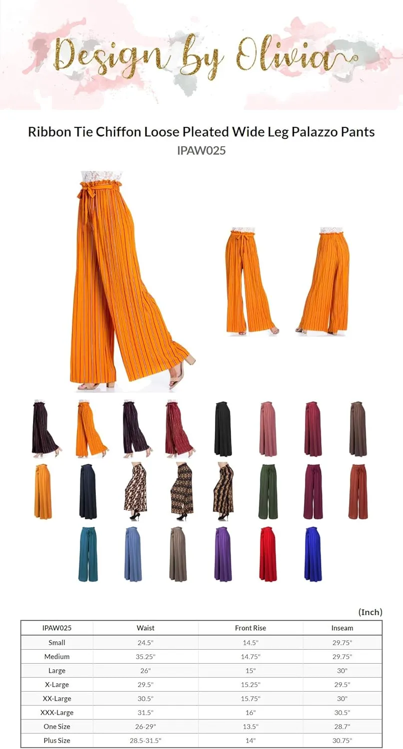 Design by Olivia Women's Ribbon Tie Chiffon Loose Pleated Wide Leg Palazzo Pants