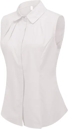 Double Plus Open Womens Collared Pleated Sleeveless Button Down Shirt Work Blouse