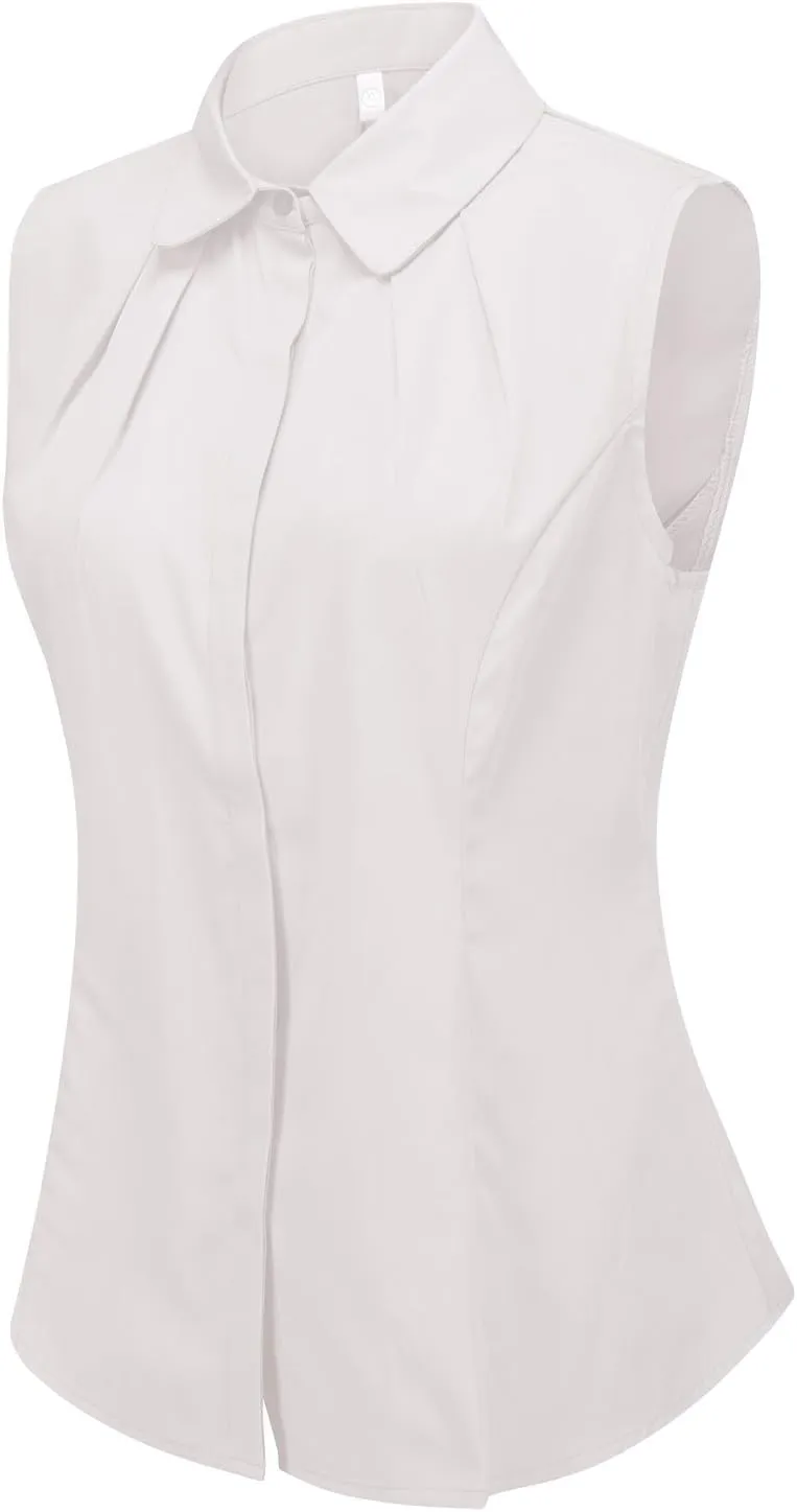 Double Plus Open Womens Collared Pleated Sleeveless Button Down Shirt Work Blouse