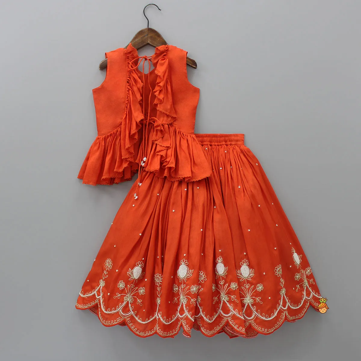 Embroidered Stylish Orange Top And Pleated Lehenga