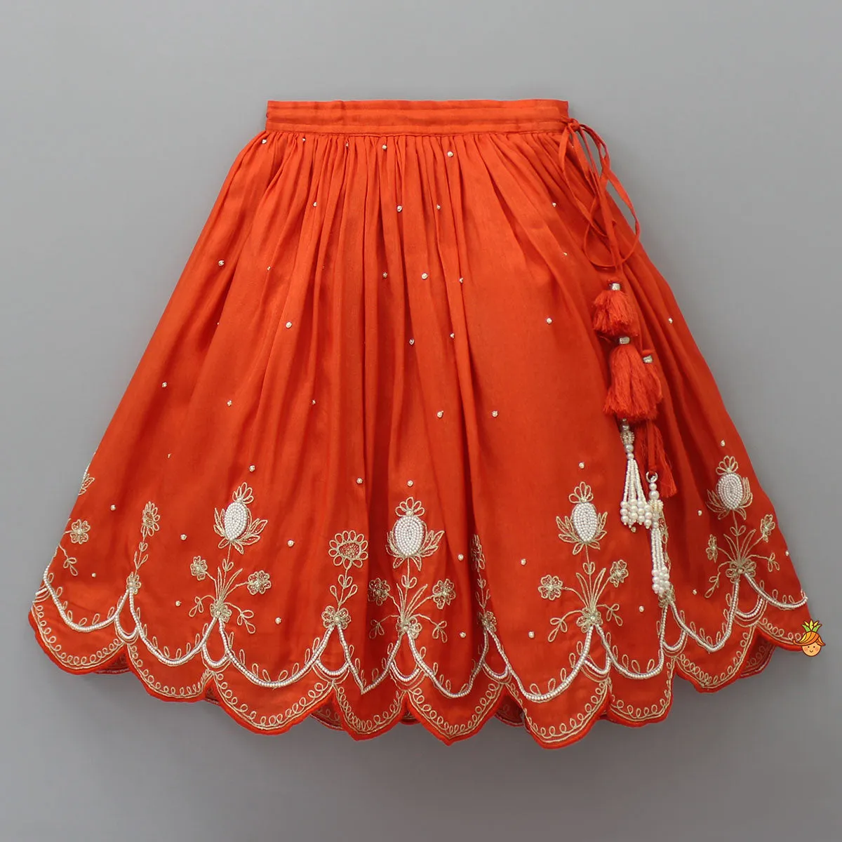 Embroidered Stylish Orange Top And Pleated Lehenga