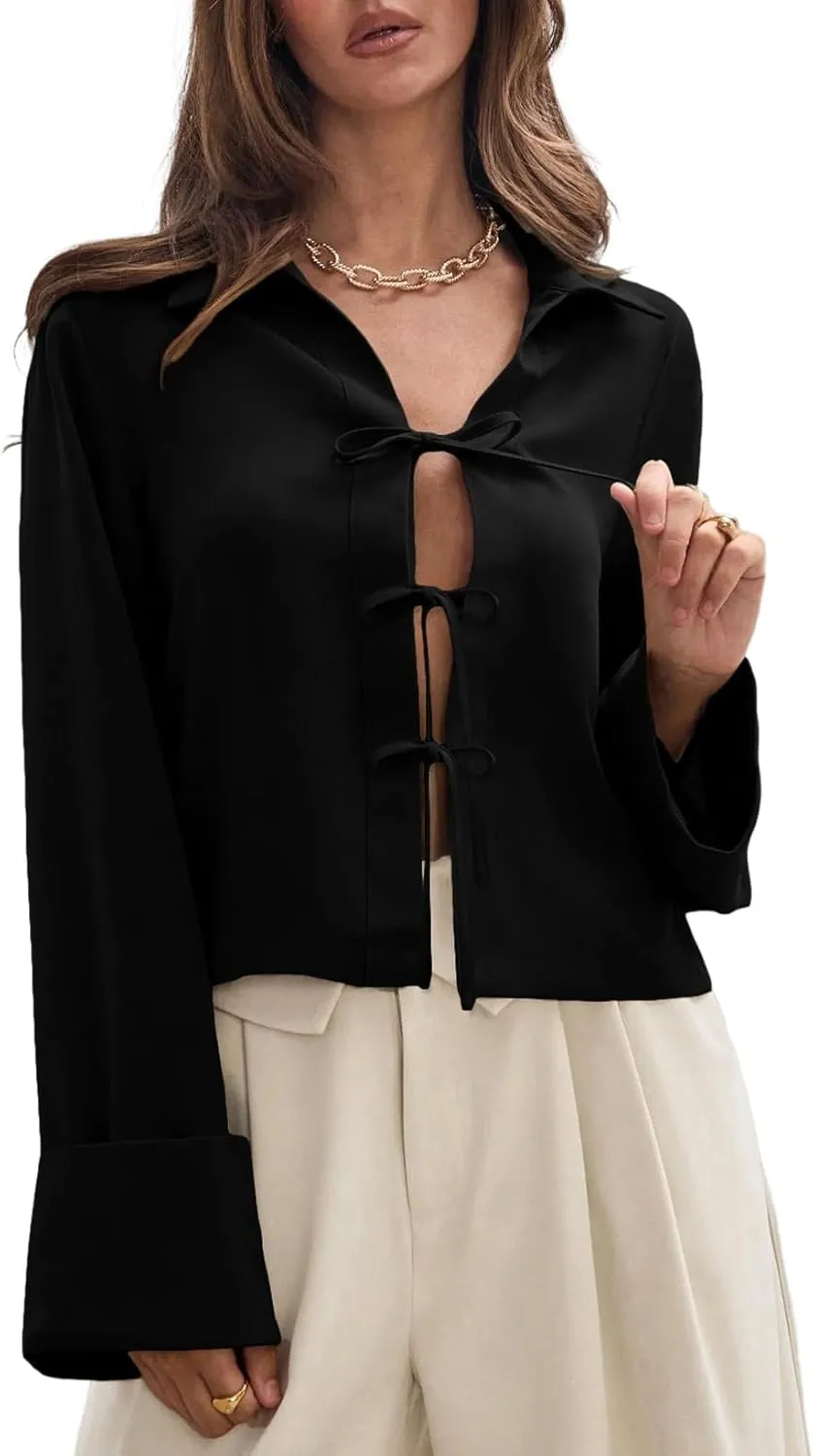 EVALESS Womens Blouses Cute Long Sleeve Bow Tie Front Shirts Going Out Tops Spring Summer Outfits Trendy 2025