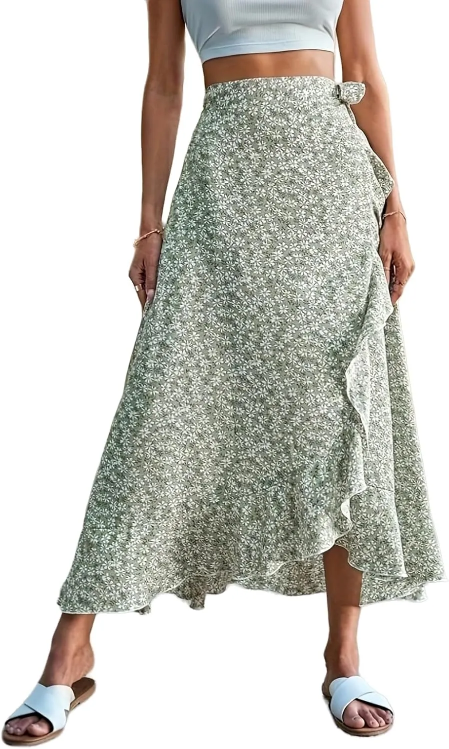 Floral Print Ruffle Waist Maxi Skirt for Women with Side Adjustable Waistband