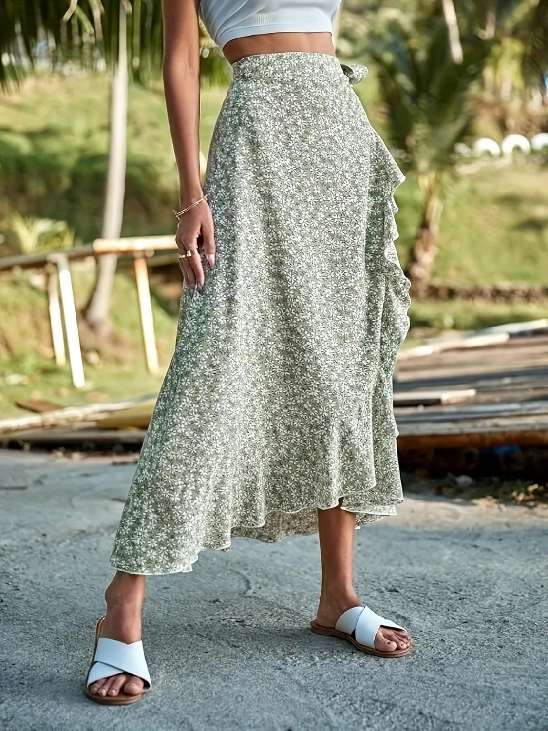 Floral Print Ruffle Waist Maxi Skirt for Women with Side Adjustable Waistband