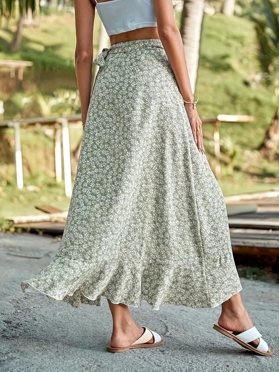 Floral Print Ruffle Waist Maxi Skirt for Women with Side Adjustable Waistband