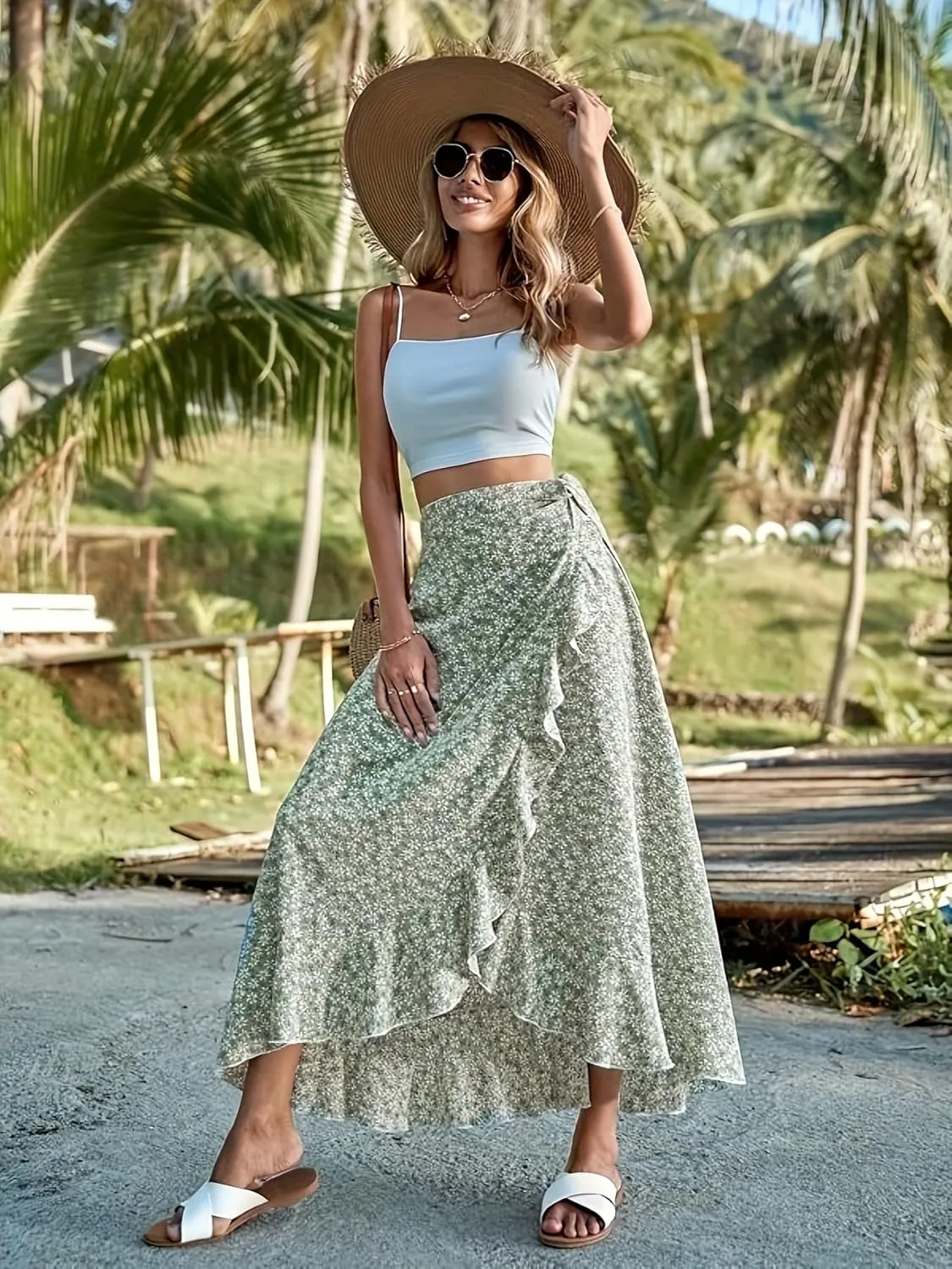 Floral Print Ruffle Waist Maxi Skirt for Women with Side Adjustable Waistband