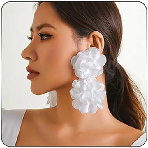 Flower Earrings for Women,Exaggerated Satin Large Flower Long Tassel Drop Earrings Fluffy Fabric Flower Earrings Bohemian Floral Statement Earrings Fashion Romantic Party Wedding Earrings JewelryWhite