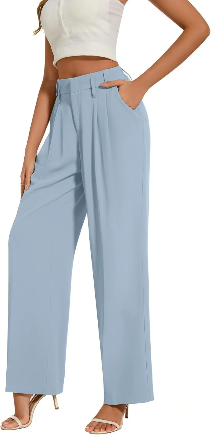 FUNYYZO Women's Loose Pleated Front Long Pants Wide Leg Trousers Solid Causal Dressy