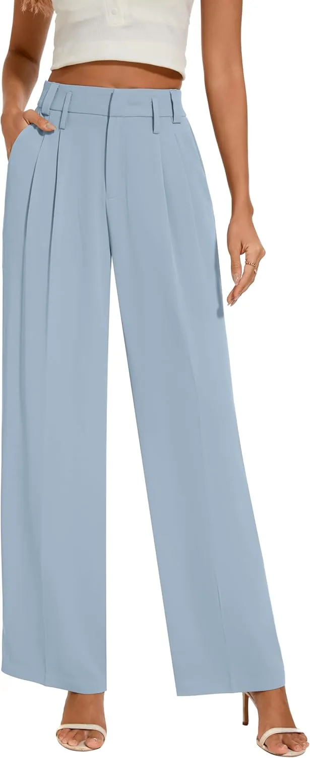 FUNYYZO Women's Loose Pleated Front Long Pants Wide Leg Trousers Solid Causal Dressy