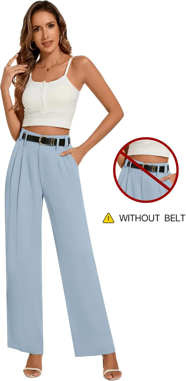 FUNYYZO Women's Loose Pleated Front Long Pants Wide Leg Trousers Solid Causal Dressy