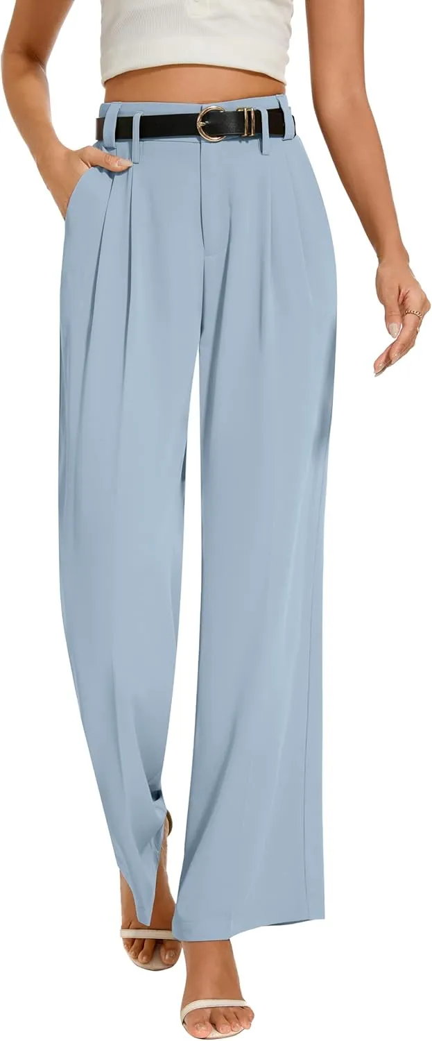 FUNYYZO Women's Loose Pleated Front Long Pants Wide Leg Trousers Solid Causal Dressy
