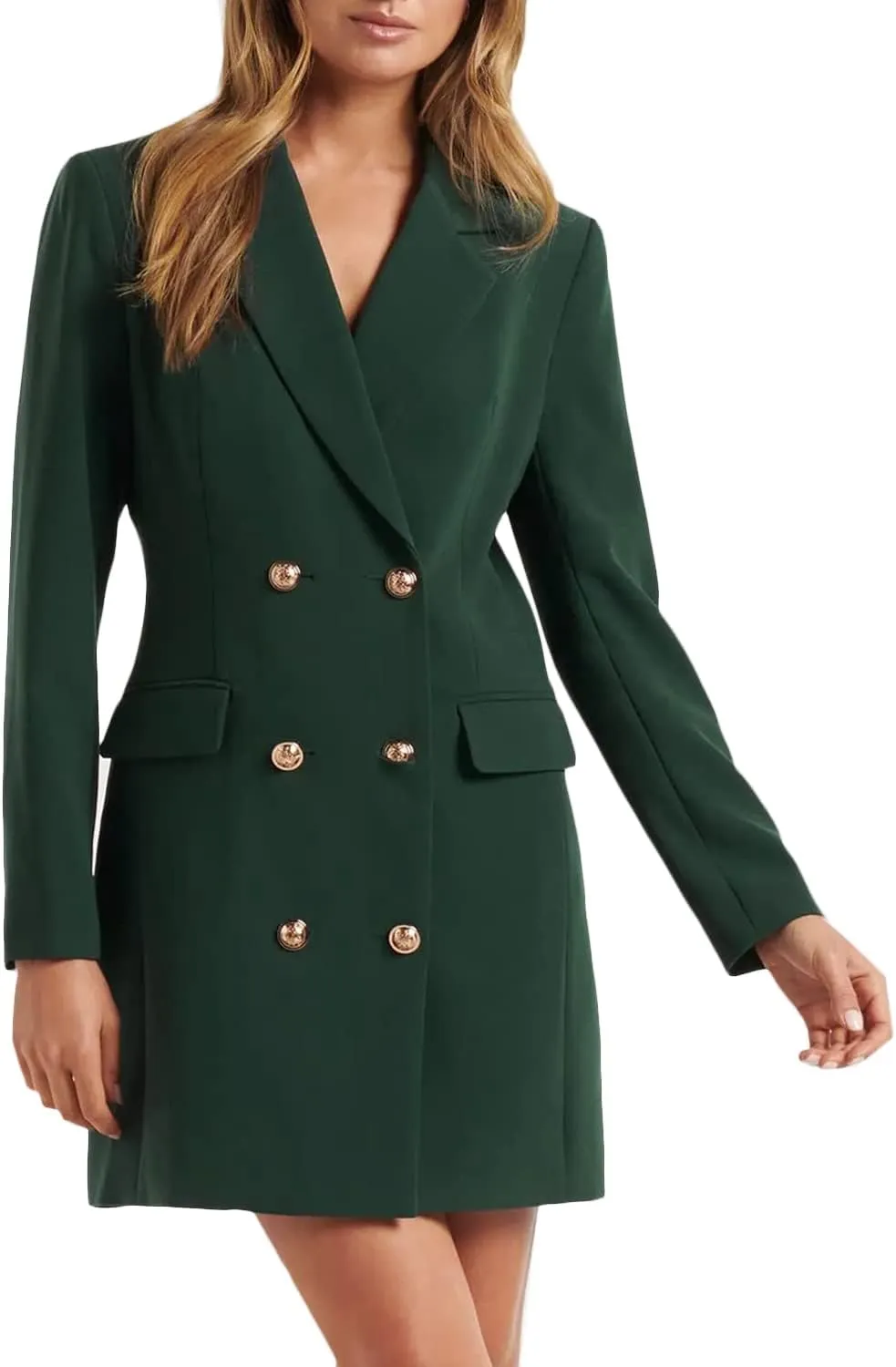 futurino Women Blazer Set Solid Color Long Sleeve Notch Lapel Double Breasted Button Blazer Dress with Pockets